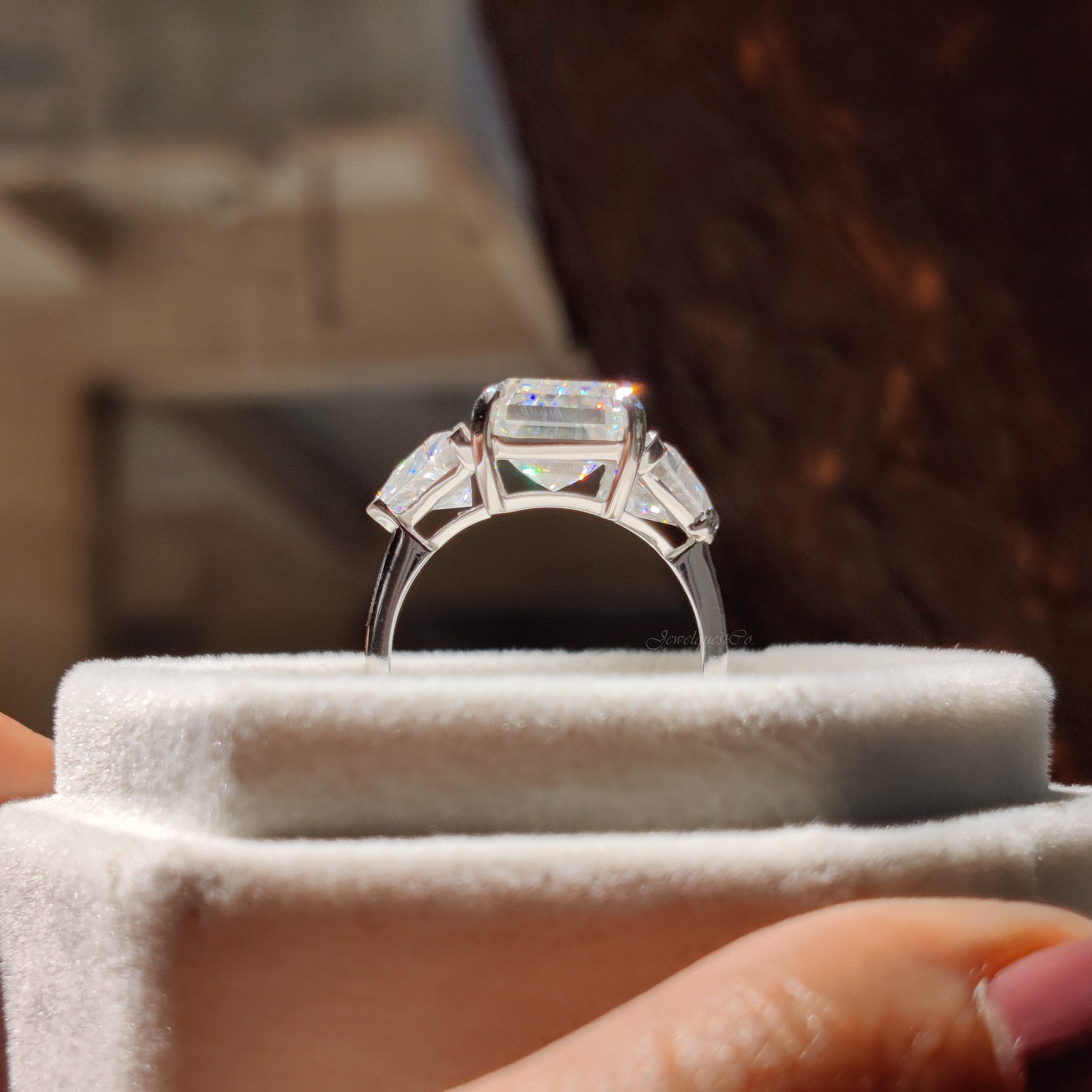 12.00 CT Emerald Cut Moissanite Three Stone Engagement Ring Colorless ...