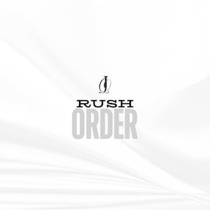 Op de afbeelding: Witte achtergrond met een zwart-wit logo van een gestileerde letter "I" en de tekst "RUSH ORDER" in zwart.