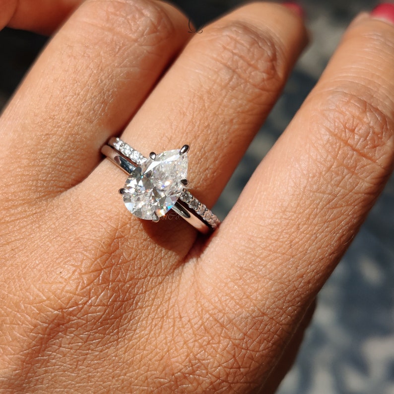 Pear Moissanite Bridal Set Ring, 14K Solid White Gold 2pcs Wedding Ring Set, Teardrop Anniversary Ring Set For Her, Solitaire Ring Set