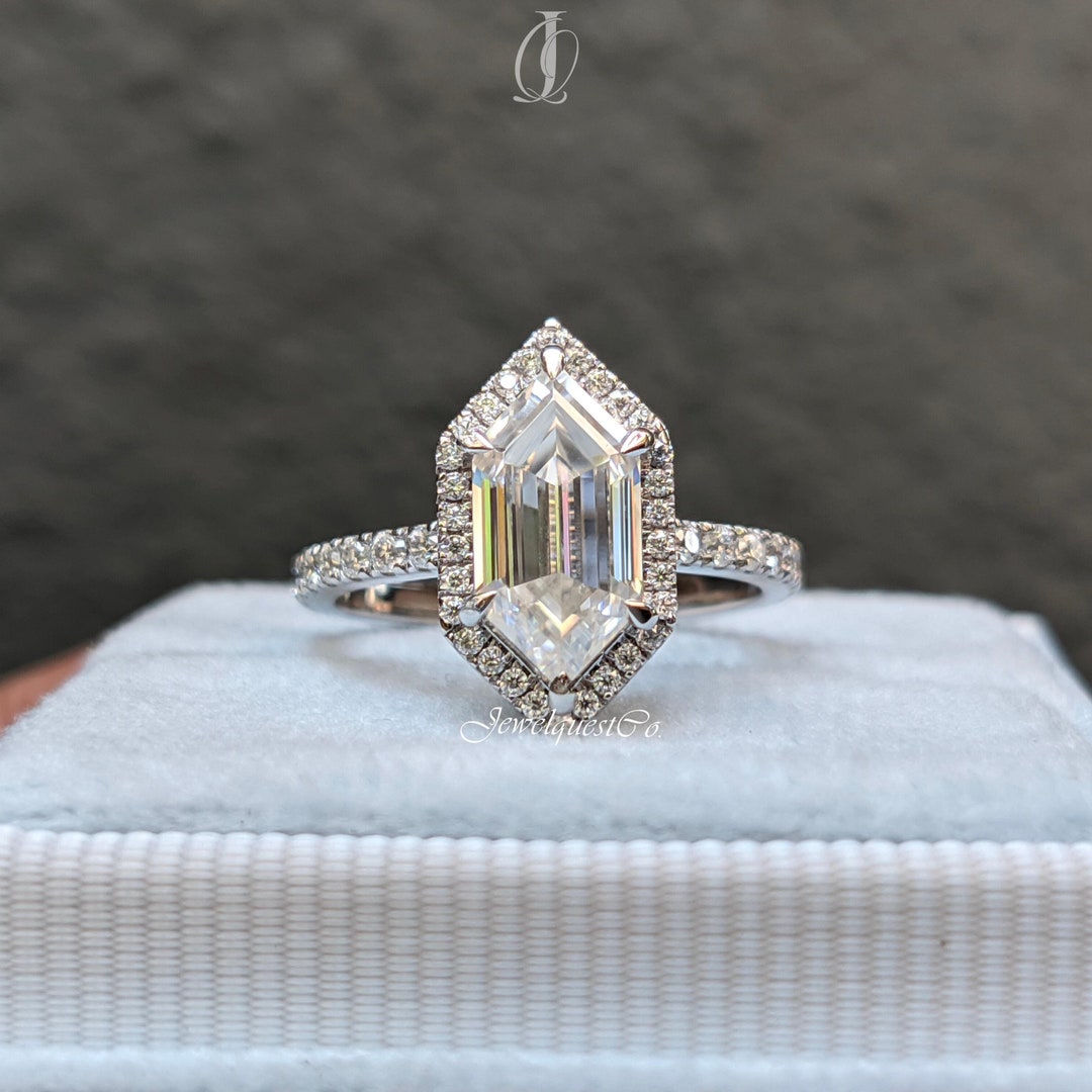 Step Cut Riing 2.35 CT Step Cut Hexagon Shape Halo Engagement Ring Classic Pave ...