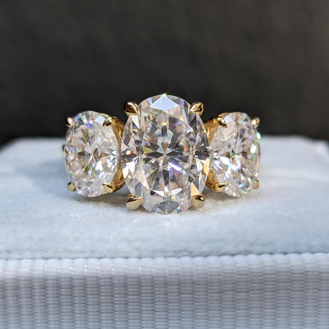 Three Stone Oval Cut Moissanite Engagement Ring 14K Gold Wedding ...