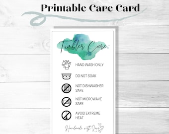 Tarjeta de instrucciones de cuidado de la taza del vaso, manchas de acuarela azules, instrucciones de lavado, suministros para pequeñas empresas, listo para imprimir, descarga instantánea