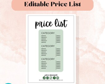 Business Price List Editable Canva Template, Simple Sage, Printable Pricing Sheet, Editable Business Pricing, Small Business Pricing