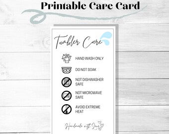Tarjeta de instrucciones de cuidado de la taza del vaso, salpicadura de agua azul, instrucciones de lavado, suministros para pequeñas empresas, listo para imprimir, descarga instantánea