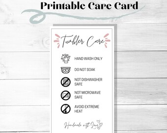 Tarjeta de instrucciones de cuidado de la taza del vaso, líneas rosas, instrucciones de lavado, suministros para pequeñas empresas, listo para imprimir, descarga instantánea