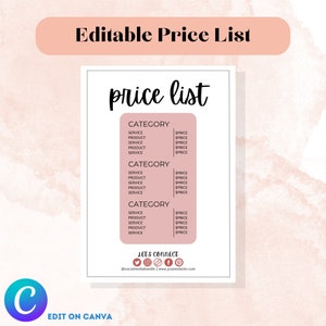 Business Price List Editable Canva Template, Simple Peach, Printable Pricing Sheet, Editable Business Pricing, Small Business Pricing