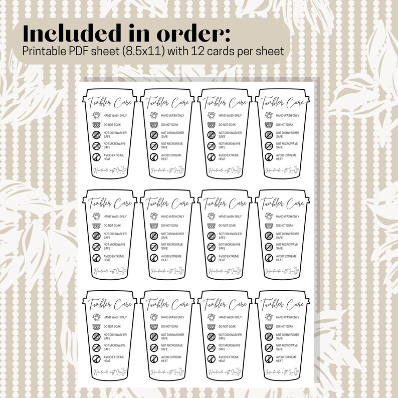 Tumbler Cup Care Instructions Card Simple Black & White Etsy