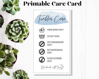 Tarjeta de instrucciones de cuidado de la taza del vaso, acuarela gris azul, instrucciones de lavado, suministros para pequeñas empresas, listo para imprimir, descarga instantánea