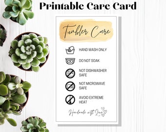 Tarjeta de instrucciones de cuidado de la taza del vaso, acuarela amarilla, instrucciones de lavado, suministros para pequeñas empresas, listo para imprimir, descarga instantánea