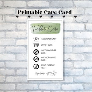 Tumbler Cup Care Instructions Card, Green Watercolor, Washing Instructions, Small Business Supplies, Ready To Print, Instant Download