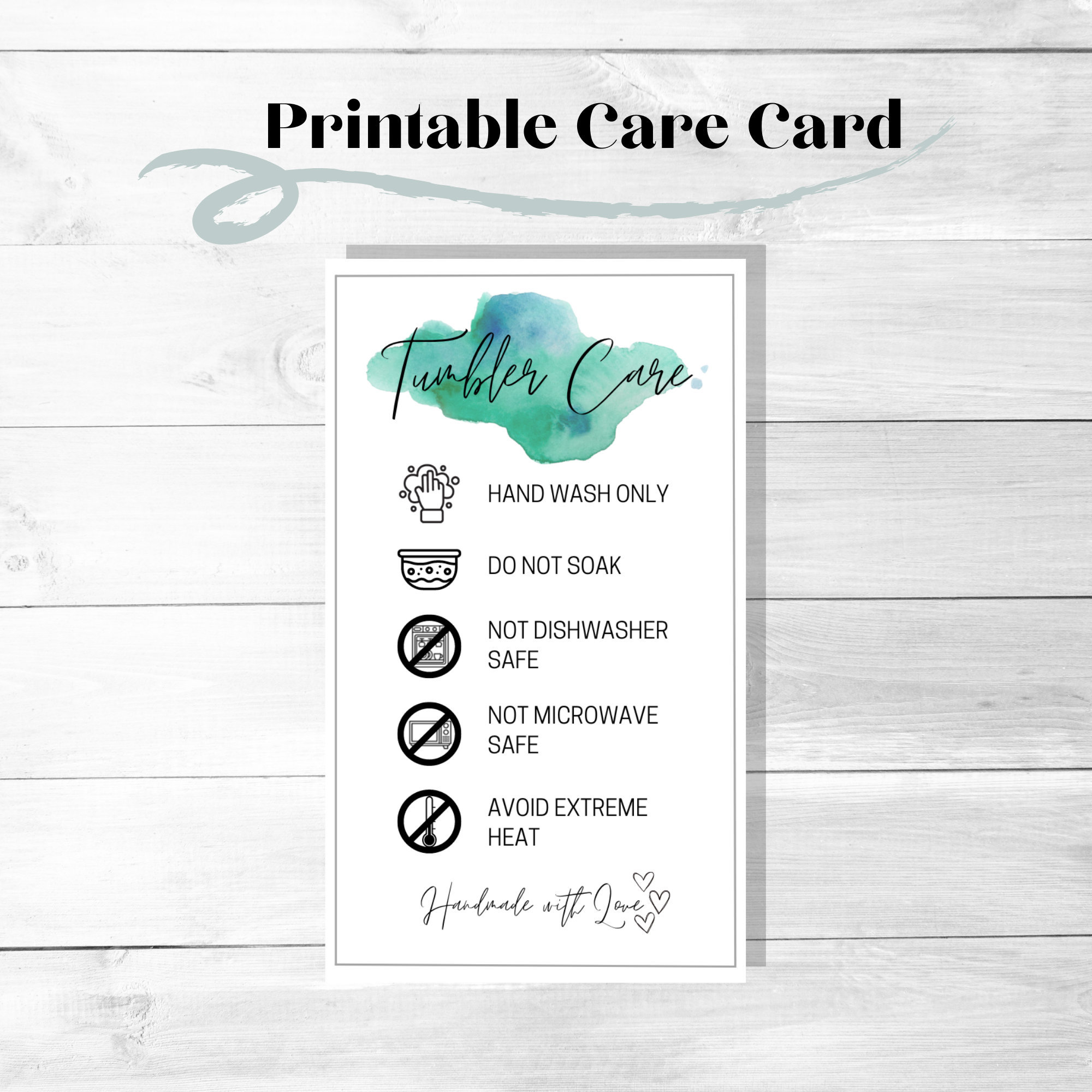 Tumbler Cup Care Instructions Card, Blue Watercolor Spots, Washing ...