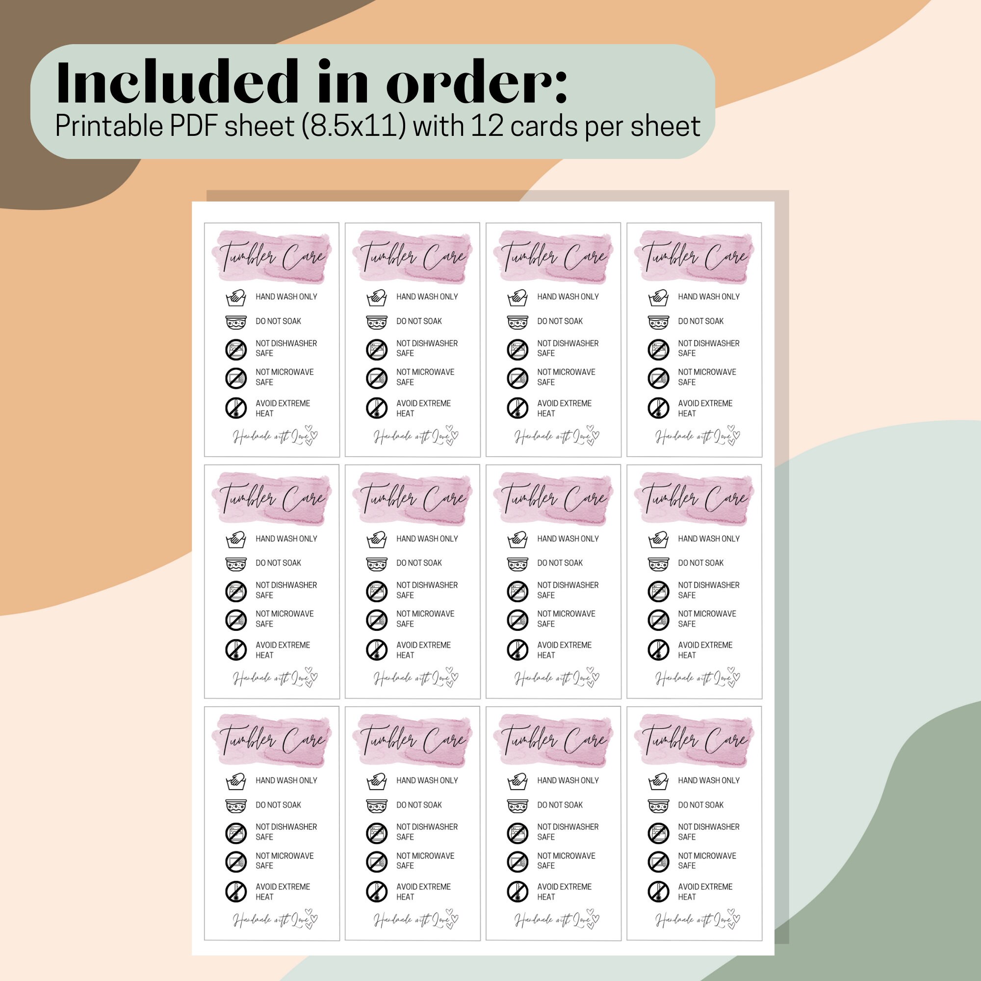 Tumbler Cup Care Instructions Card, Pink Watercolor, Washing ...