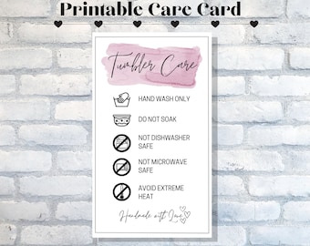Tarjeta de instrucciones de cuidado de la taza del vaso, acuarela rosa, instrucciones de lavado, suministros para pequeñas empresas, listo para imprimir, descarga instantánea