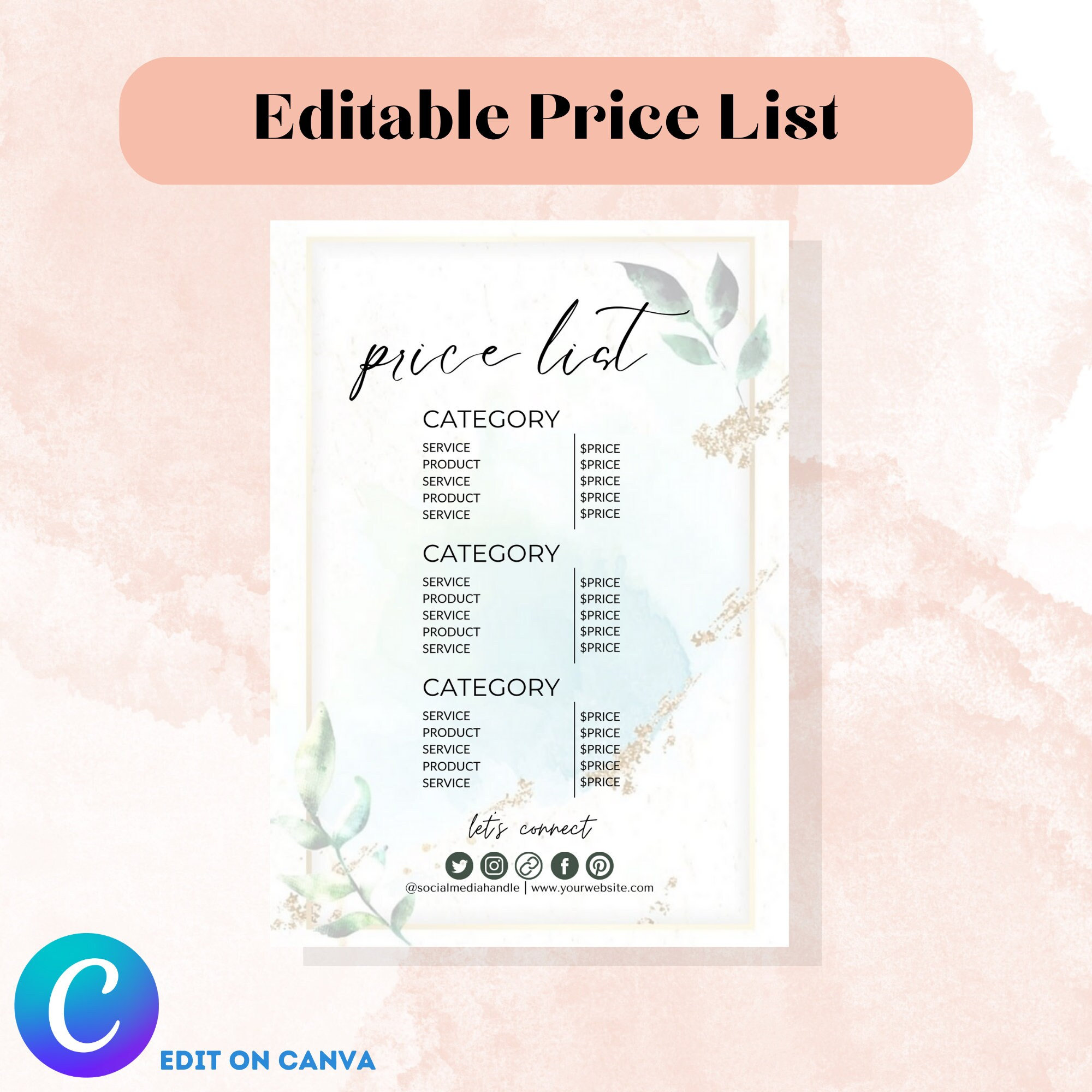 Business Price List Editable Canva Template, Pink Floral and Leaves ...
