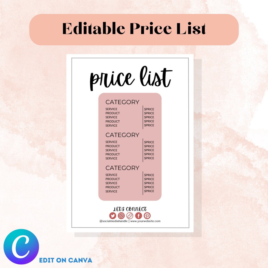 Business Price List Editable Canva Template, Simple Peach, Printable ...
