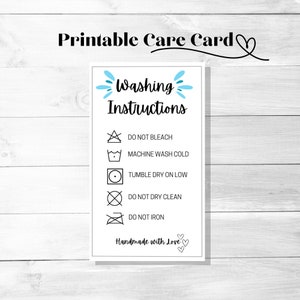 Clothing Washing Instructions Care Card, Blue Water Splash, Small Business Supplies, Shirt Care Card, Ready To Print, Instant Download