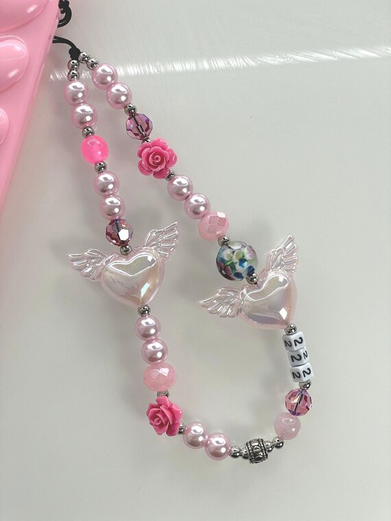 Cute Phone Charm, Angel Numbers, Kawaii Hearts Beaded Phone