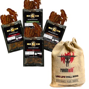 Bacon Lover Variety Pack | Applewood Smoke, Maple Cinnamon, Spicy Sriracha and Maple Bacon Jerky - Packed into unique Runnin Wild Burlap Bag