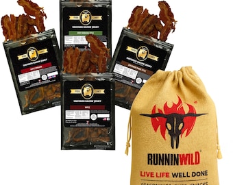 Bacon Lover Variety Pack | Applewood Smoke, Maple Cinnamon, Spicy Sriracha and Maple Bacon Jerky - Packed into unique Runnin Wild Burlap Bag