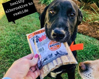 Rawhide Alternative Dog Chews | Safer, Easier to digest, Grain-free | Handcrafted in USA with 100% American Beef Hide | Bacon Flavor