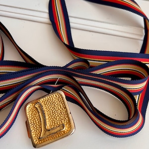 Vintage Striped Grosgrain Ribbon. 1&quot; wide. 5 yard minimum  Sold by the continuous yard. Made in USA. 100% acetate. navy/gold/red