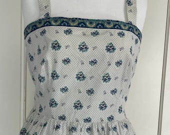 Vintage fitted sundress  French oulivado fabric in White Escondido with dots and border trim, Red Mill Collection.