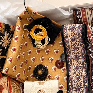 Vintage Slow Stitch Kit or Junk Journaling Kit.  Box of Vintage French Fabrics, Embroidery, Old Lace in Brown/gold color ways