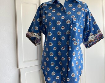 French Vintage Camp Shirt: Oulivado Royal Escondido Print, Red Mill Collection - MED