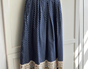 Vintage French Oulivado Cotton Skirt: Navy Pleated Trim, Size 14
