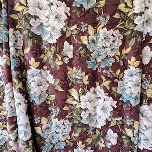 Decorative floral Jacquard fabric in  chocolate, teal, beige and olive cotton  print. Great for curtains, decorative pillows or valances.