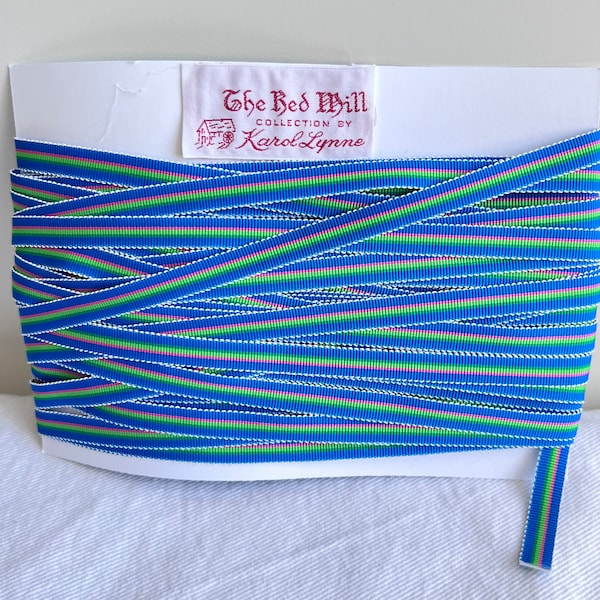 Bulk roll 1/4" Wide Vintage Grosgrain Ribbon. Made in USA. 100% Acetate, Bright teal, pink and lime.   20 yard bulk put up .
