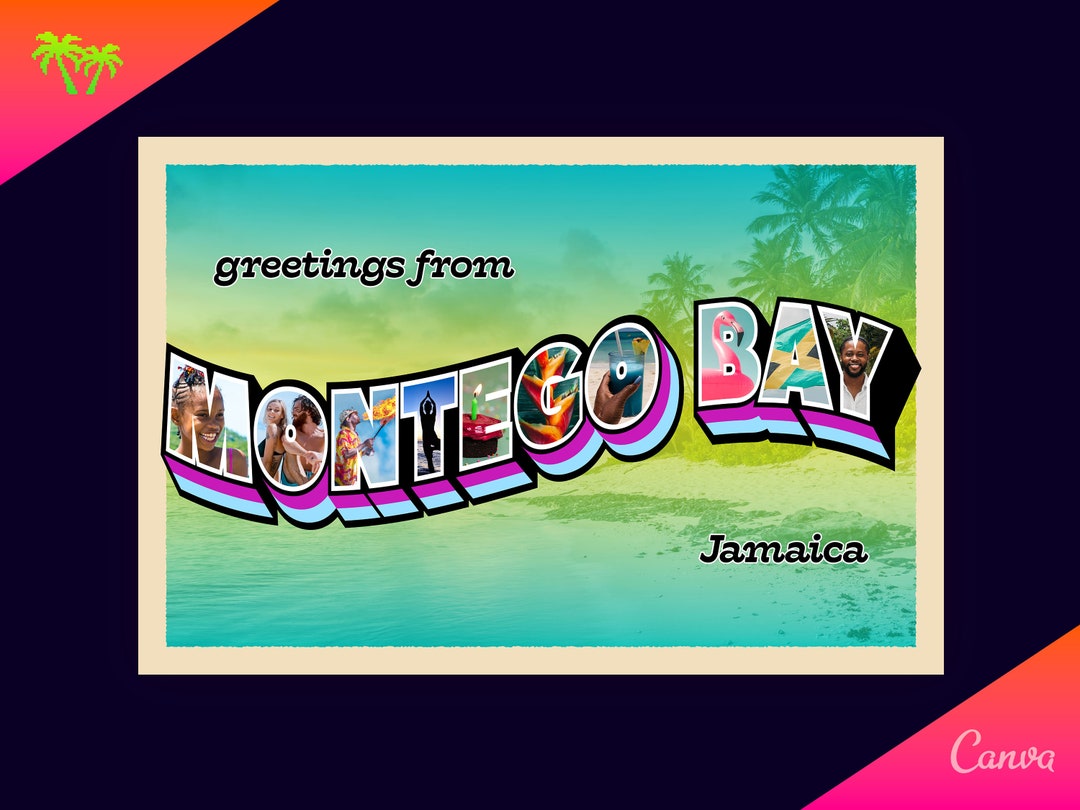 Montego Bay Postcard Canva Template Editable Photo Collage Vintage Travel Wall Art Retro Design