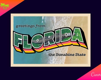 Florida Postcard Canva Template | editable photo collage | vintage travel wall art | retro design poster | printable digital download