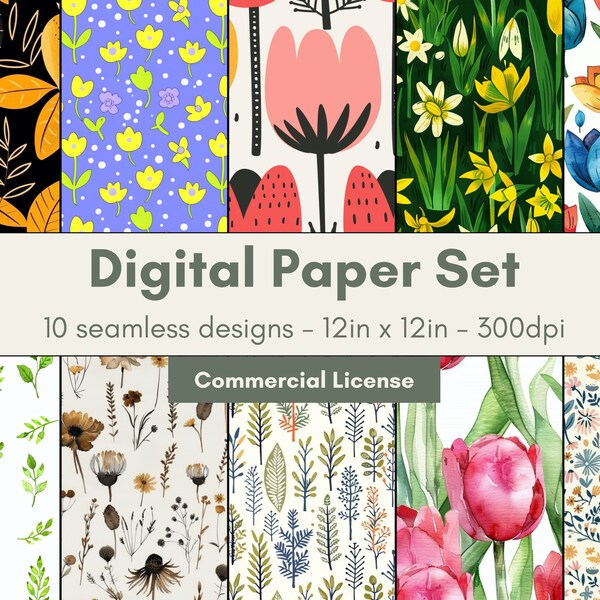 Boho-Nature Spring Themed Seamless Digital Paper Pack | Arts and Crafts Printable Patterns | Pack of 10 for Scrapbooking, Crafting, Printing