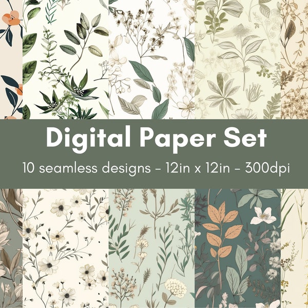 Boho-Nature Themed Seamless Digital Paper Pack | Arts and Crafts Printable Patterns | Pack of 10 for Scrapbooking, Crafting, Printing