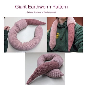 May include: A crocheted pink earthworm pattern, shown in three different positions. The pattern is available for purchase on the website Wowitscrocheted.