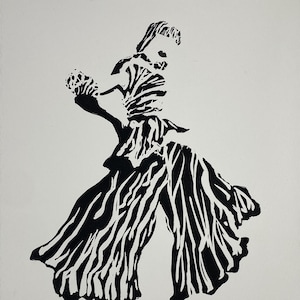 Stevie 75, The Fashionista Series, stampa su linoleum realizzata a mano dall'artista Angela Moffat, arte ispirata alla moda vintage, edizione limitata di 24
