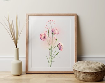Delicate Pink Floral Watercolor,  Printable Wall Art, Botanical Art, Pink Floral Digital Art, Spring Watercolor Art, Pink Flower Decor