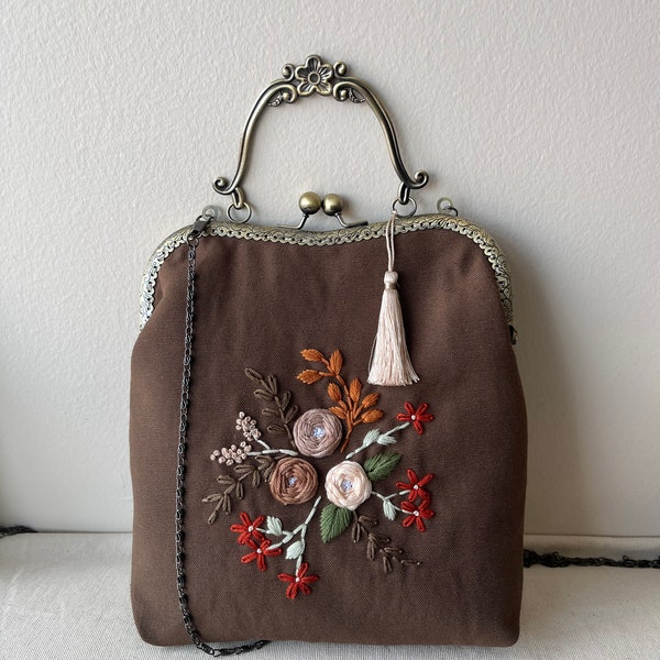 Handmade Embroidered Bag | Crossbody Bag | Flower Embroidered Clutch Bag | Customized Bags | Vintage Bag | Brown embroidery bag
