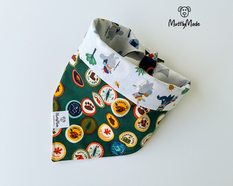 Happy Campers Bandana - Reversible - Snap Closure - Dog Bandana  - Trendy  - Cat Accessories - Pet Gifts - Hiking Lover - Nature Aesthetic