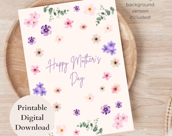 UTSKRIVBART akvarellblomma-kort för mors dag, vackert vildblommor-kort för mors dag för mamma, fru, gör-det-själv-hälsningskort för direktnedladdning