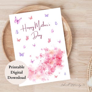 Carte de fête des mères papillon aquarelle imprimable, belle carte florale de fête des mères pour maman, femme, carte de voeux bricolage à téléchargement immédiat