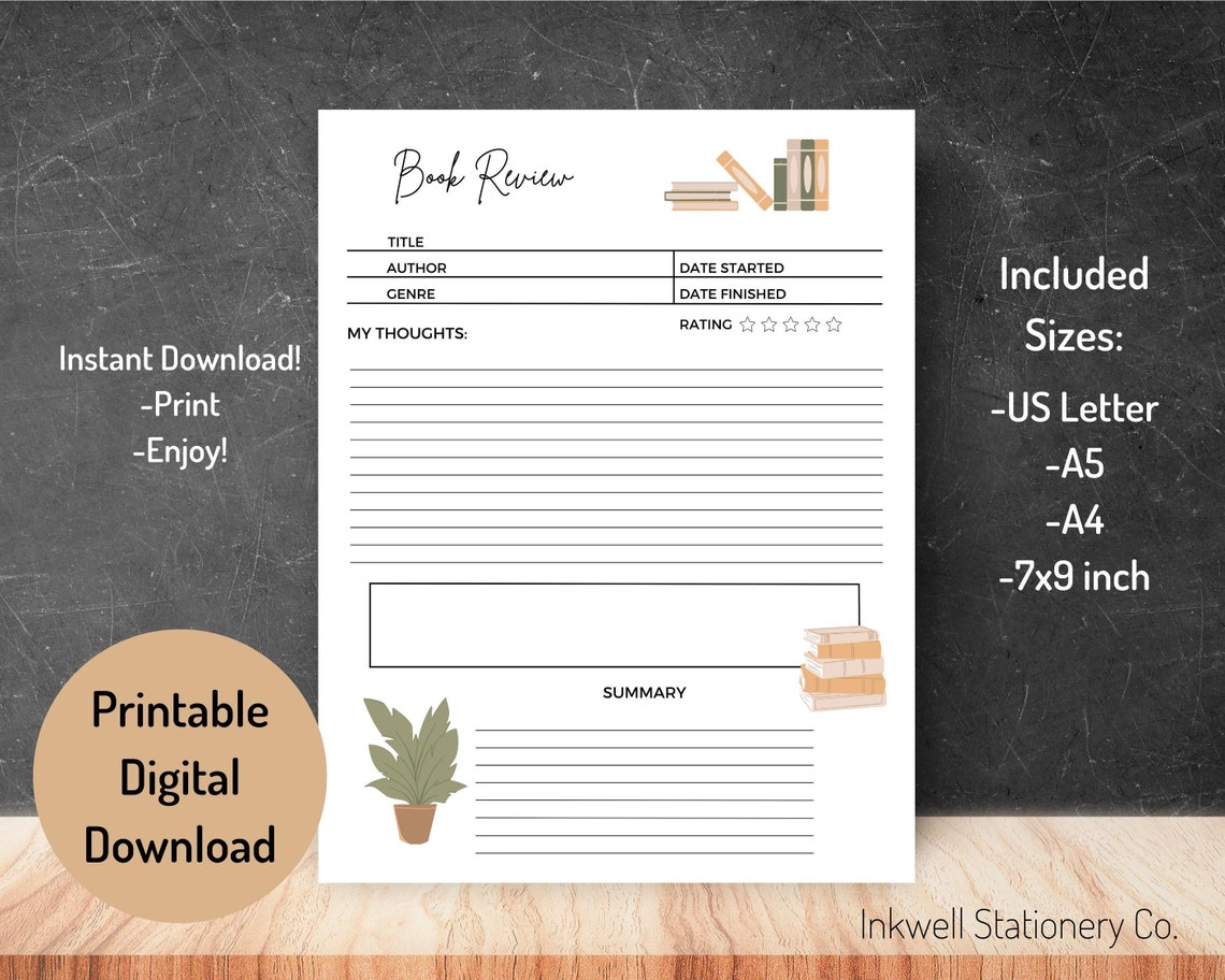 Book Review Template PRINTABLE Book Journal Insert Cozy Reading Book Review Template PRINTABLE Book Journal Insert Cozy Reading