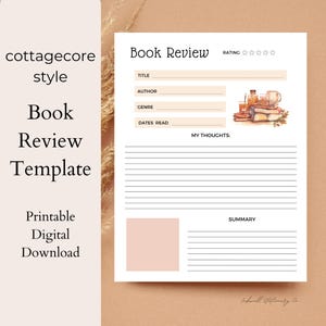Book Review Template, PRINTABLE Book Journal Insert, Instant Download Reading Planner Page, Book Log Tracker, Cottagecore Reading Printable