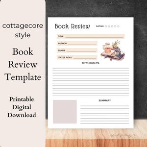 Book Review Template PRINTABLE, Book Journal Insert, Reading Planner Page, Book Log Tracker, Cottagecore Instant Download Reading Printable