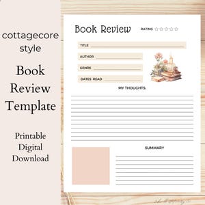 Book Review Template, PRINTABLE Book Journal Insert, Reading Printable, Book Log Tracker, Instant Download Reading Planner Page, Cottagecore