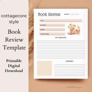 Book Review Template, PRINTABLE Book Journal Insert, Reading Printable, Book Log Tracker, Instant Download Reading Planner Page, Cottagecore