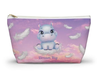 Hippo Makeup Bag, Dream Big Cosmetic Pouch, Pastel Sky Zipper Bag