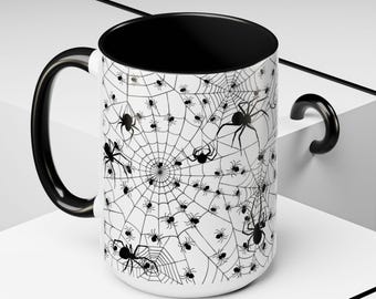 Spider Web Coffee Mug, Halloween Decor, Black Accent, 15oz