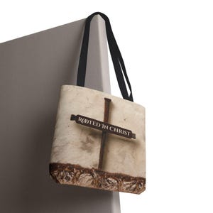 Rooted in Christ Cross Tote Bag, Christian Faith Scripture Tote, Book Bag, Church Bible Tote Bag